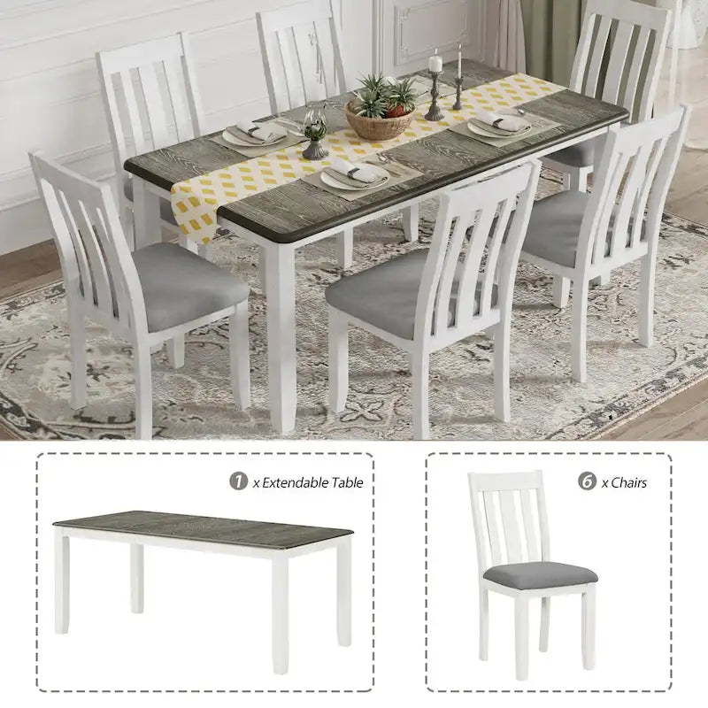 Ensemble de salle à manger 7 pièces avec table extensible et 6 chaises rembourrées