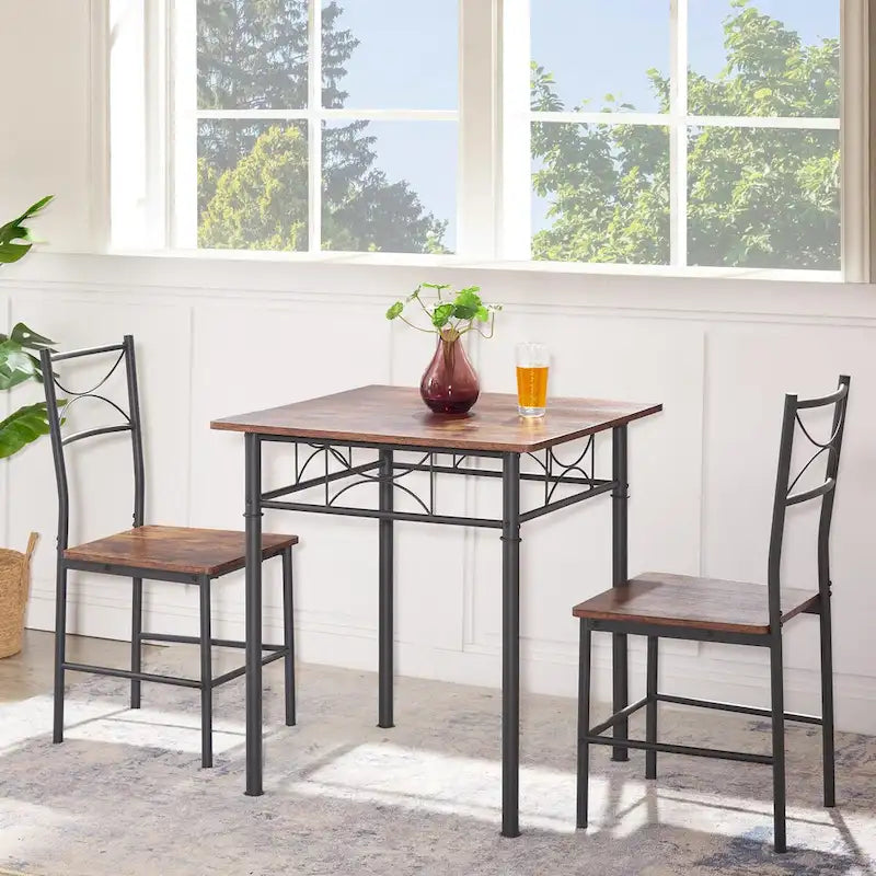 Ensemble de salle à manger carré 3 pièces marron pour coin-repas, table de bar en bois avec 2 chaises et cadre en acier