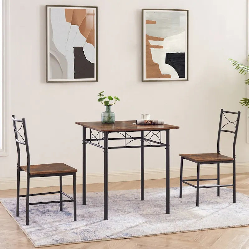 Ensemble de salle à manger carré 3 pièces marron pour coin-repas, table de bar en bois avec 2 chaises et cadre en acier