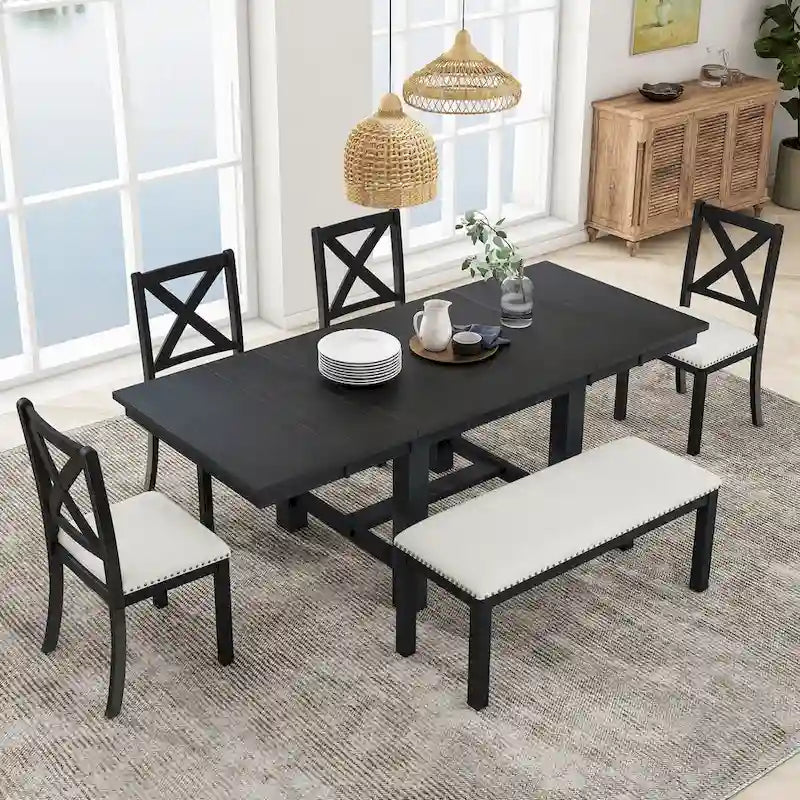 Ensemble de salle à manger extensible 6 pièces avec 4 chaises et banc