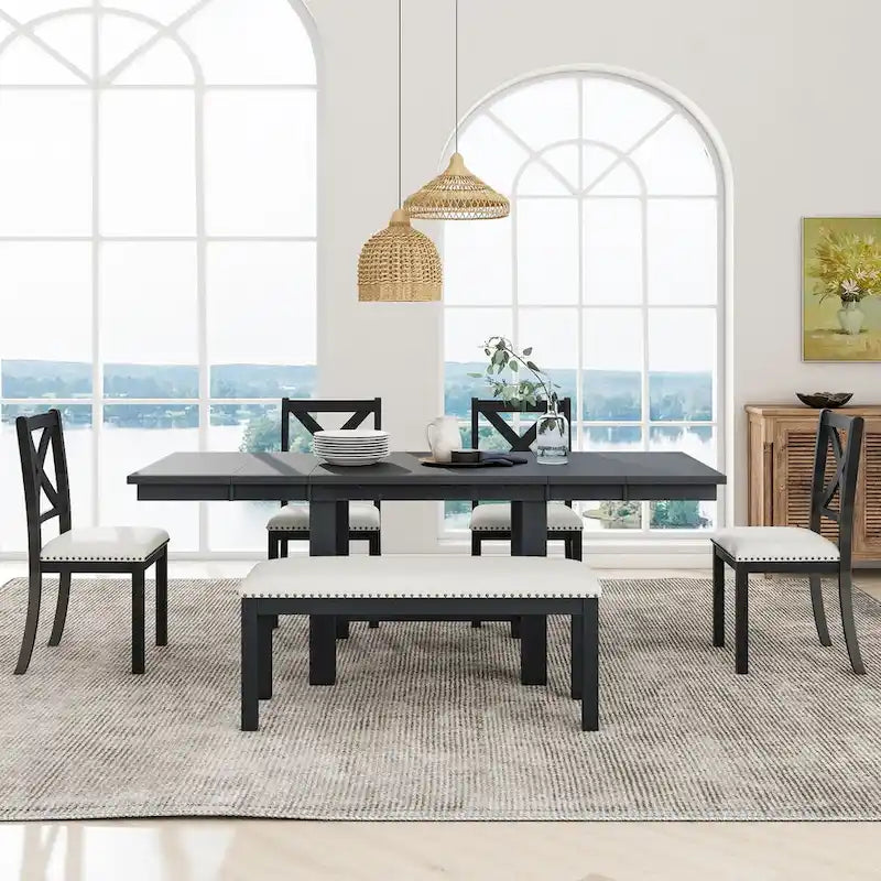 Ensemble de salle à manger extensible 6 pièces avec 4 chaises et banc
