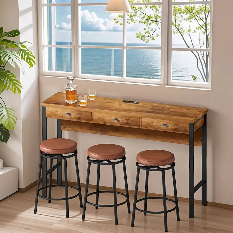 Ensemble table de bar de cuisine avec tabourets ronds en similicuir