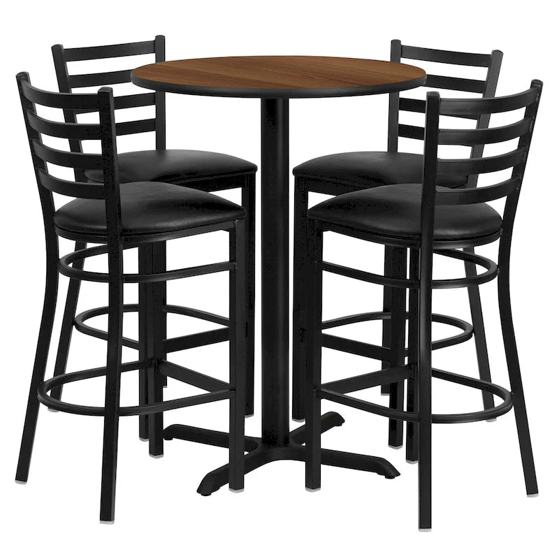 Ensemble table ronde stratifiée de 76 cm avec base en X et 4 tabourets de bar en métal à dossier échelle.