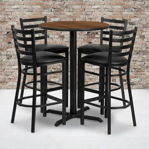 30 Round Laminate Table Set with X-Base and 4 Ladder Back Metal Barstools