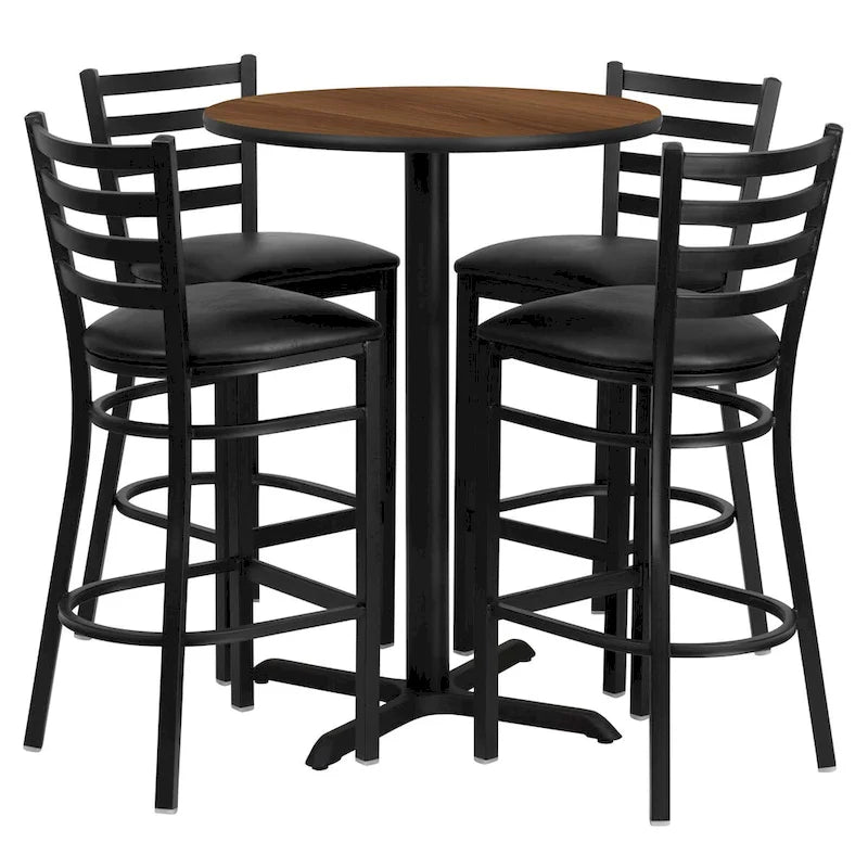 Ensemble table ronde stratifiée de 76 cm avec base en X et 4 tabourets de bar en métal à dossier échelle.
