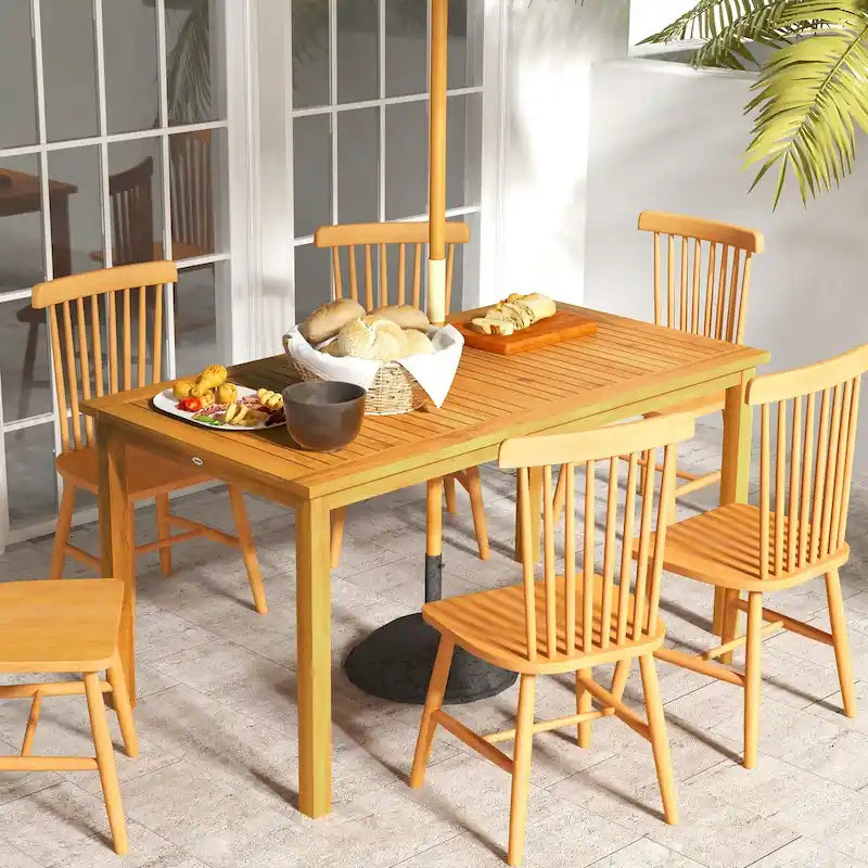 Table de patio rectangulaire Outsunny pour 6 personnes, table de salle à manger d'extérieur avec trou pour parasol, table en bois d'acacia pour jardin, cour, terrasse