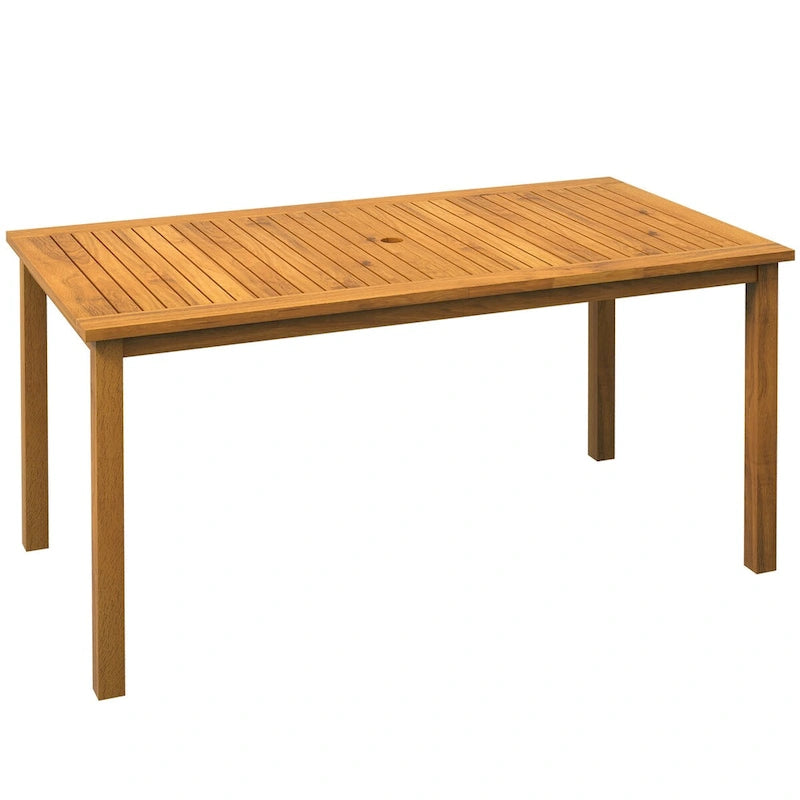Table de patio rectangulaire Outsunny pour 6 personnes, table de salle à manger d'extérieur avec trou pour parasol, table en bois d'acacia pour jardin, cour, terrasse