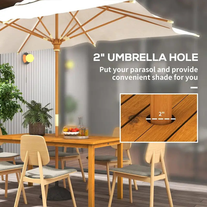 Table de patio rectangulaire Outsunny pour 6 personnes, table de salle à manger d'extérieur avec trou pour parasol, table en bois d'acacia pour jardin, cour, terrasse