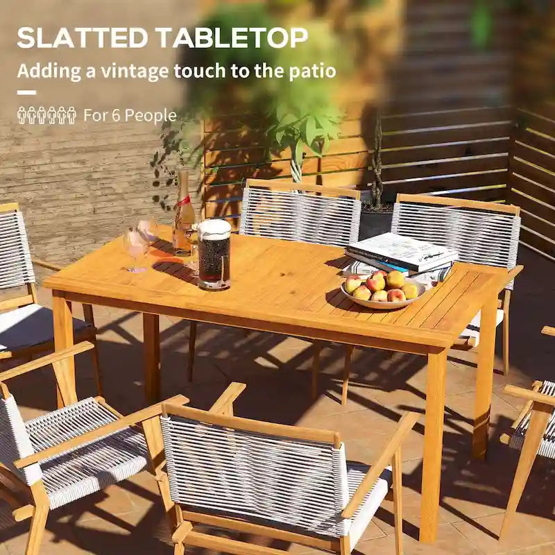 Table de patio rectangulaire Outsunny pour 6 personnes, table de salle à manger d'extérieur avec trou pour parasol, table en bois d'acacia pour jardin, cour, terrasse