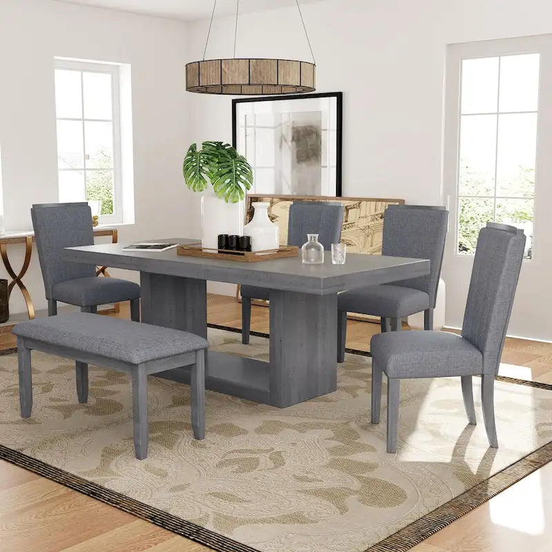 Ensemble de table à manger à piédestal extensible de 6 pièces de 198 cm avec rallonge amovible de 46 cm et banc de salle à manger, 4 chaises de salle à manger rembourrées
