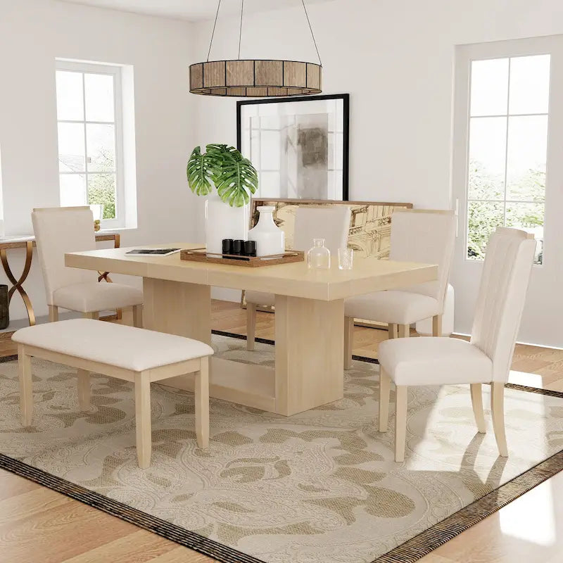 Ensemble de table à manger à piédestal extensible de 6 pièces de 198 cm avec rallonge amovible de 46 cm et banc de salle à manger, 4 chaises de salle à manger rembourrées