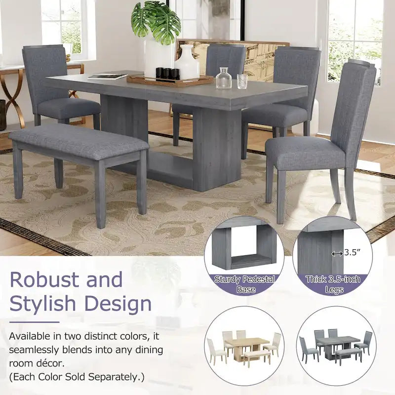 Ensemble de table à manger à piédestal extensible de 6 pièces de 198 cm avec rallonge amovible de 46 cm et banc de salle à manger, 4 chaises de salle à manger rembourrées