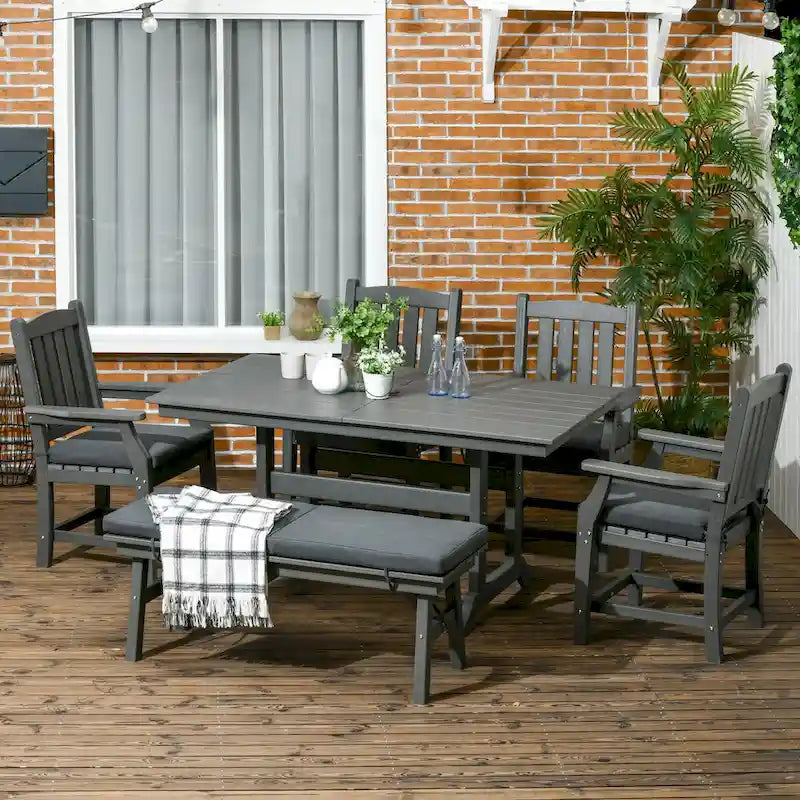 Outsunny 6 Pieces Patio Dining Set, 6 Seater Outdoor Table and Chairs Loveseat with Umbrella Hole