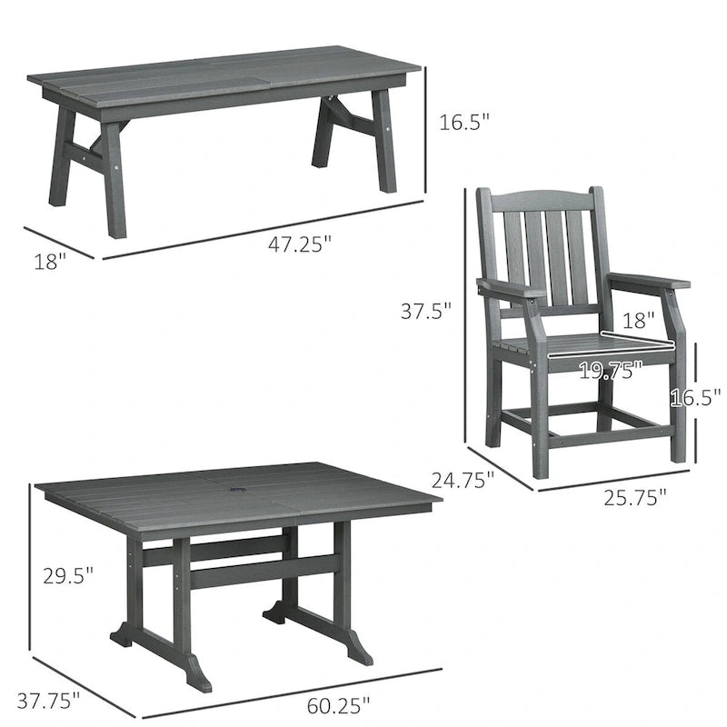 Ensemble de salle à manger d'extérieur 6 pièces Outsunny, table et chaises de jardin 6 places avec trou pour parasol