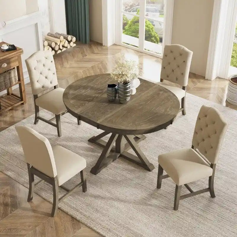 Ensemble de table à manger de style rétro et fonctionnel avec table extensible et 4 chaises rembourrées pour salle à manger et salon