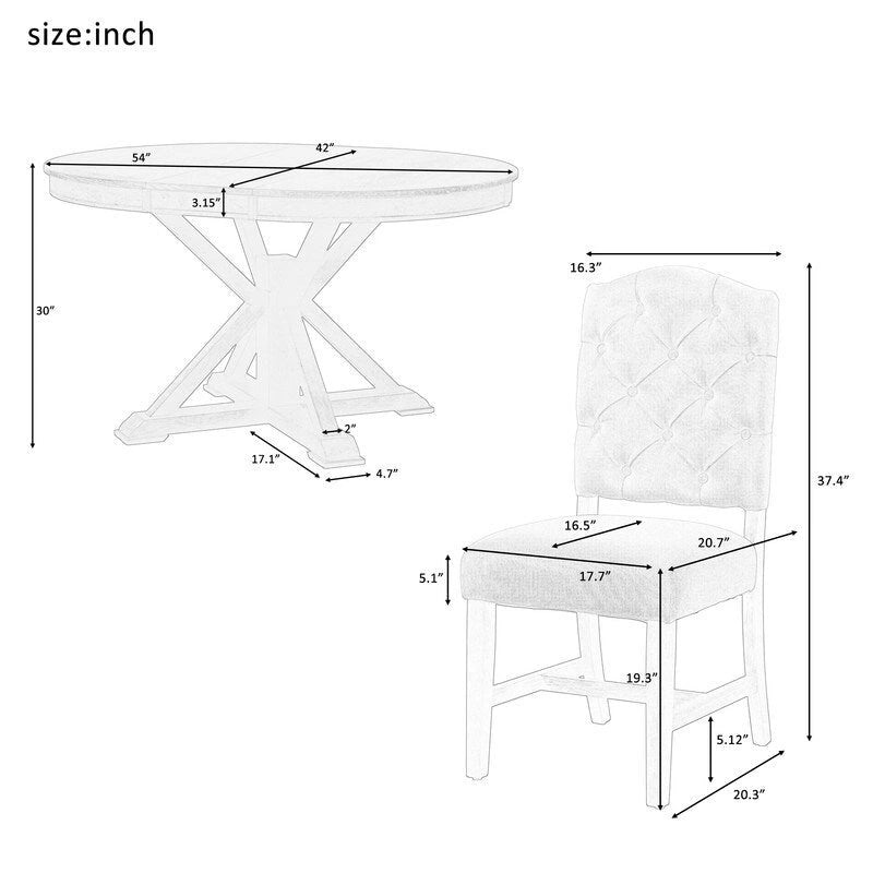 Ensemble de table à manger de style rétro et fonctionnel avec table extensible et 4 chaises rembourrées pour salle à manger et salon