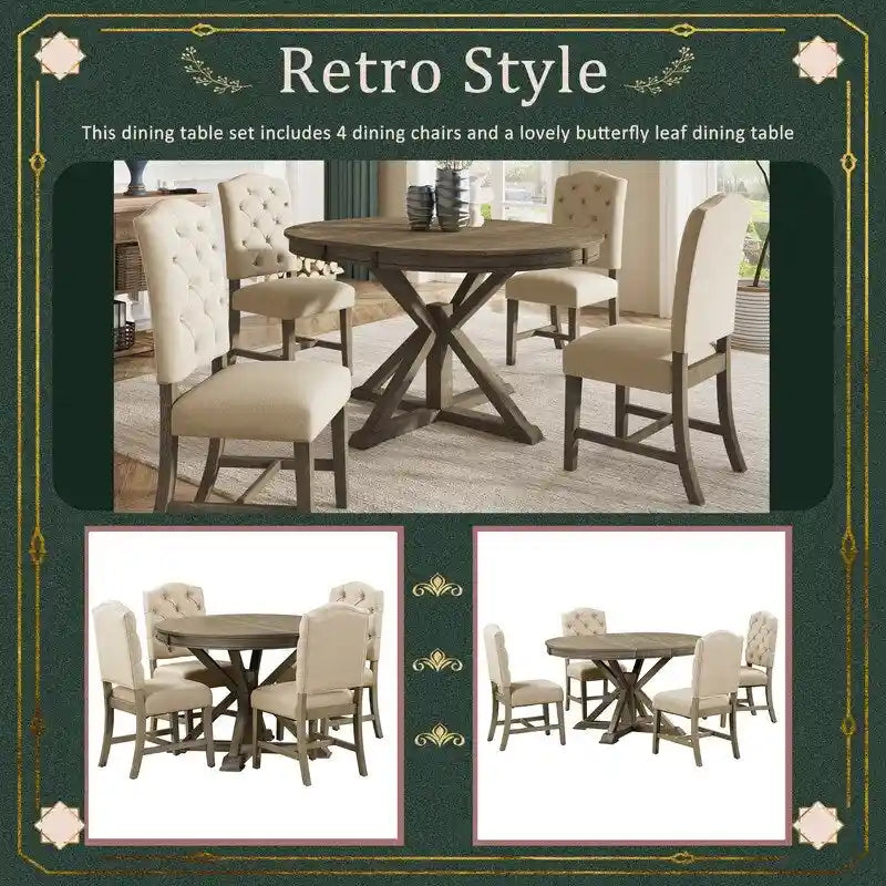 Ensemble de table à manger de style rétro et fonctionnel avec table extensible et 4 chaises rembourrées pour salle à manger et salon