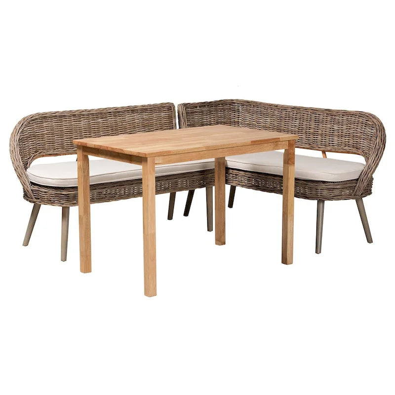 Ensemble banquette et table à dîner en rotin Kubu naturel et bois Raisa, style bohème moderne