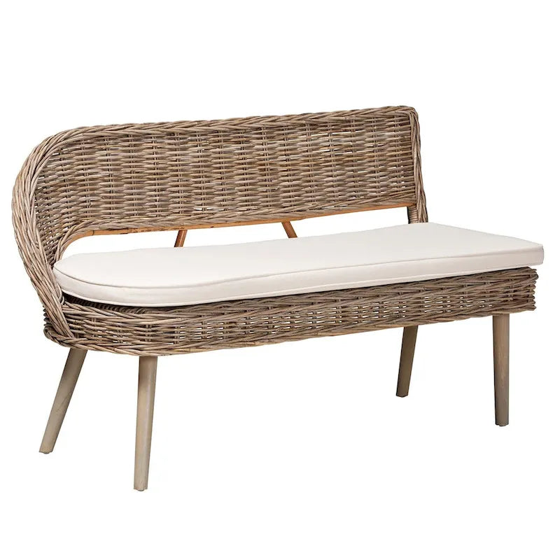 Ensemble banquette et table à dîner en rotin Kubu naturel et bois Raisa, style bohème moderne