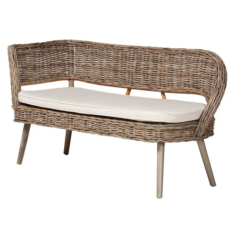 Ensemble banquette et table à dîner en rotin Kubu naturel et bois Raisa, style bohème moderne