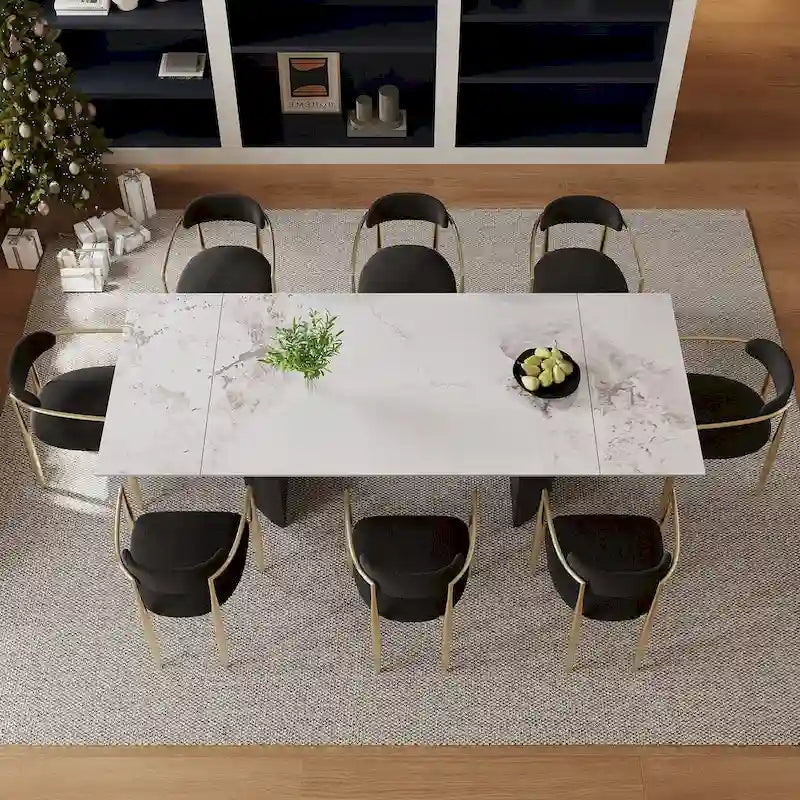 Ensemble de salle à manger extensible moderne et minimaliste 9 pièces 94.48 avec plateau en pierre frittée et double piédestal, avec 8 chaises en tissu