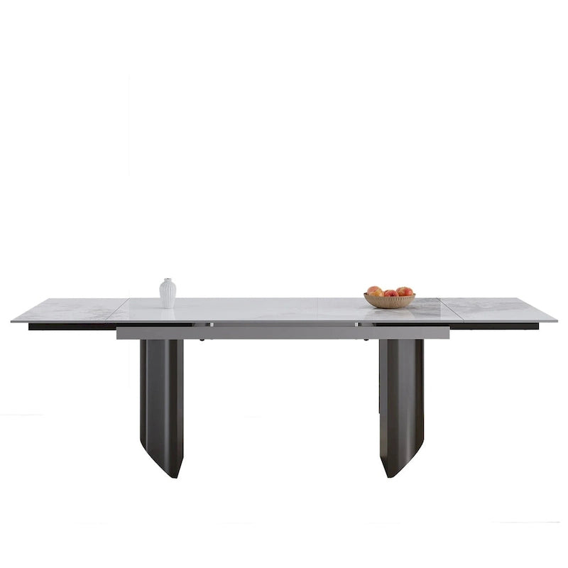 Ensemble de salle à manger extensible moderne et minimaliste 9 pièces 94.48 avec plateau en pierre frittée et double piédestal, avec 8 chaises en tissu