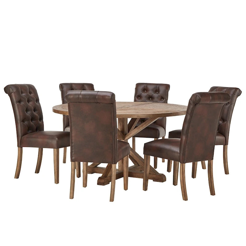 Ensemble de salle à manger 7 pièces Benchwright Rustic avec table ronde à piédestal en X et dossier roulé par iNSPIRE Q Artisan