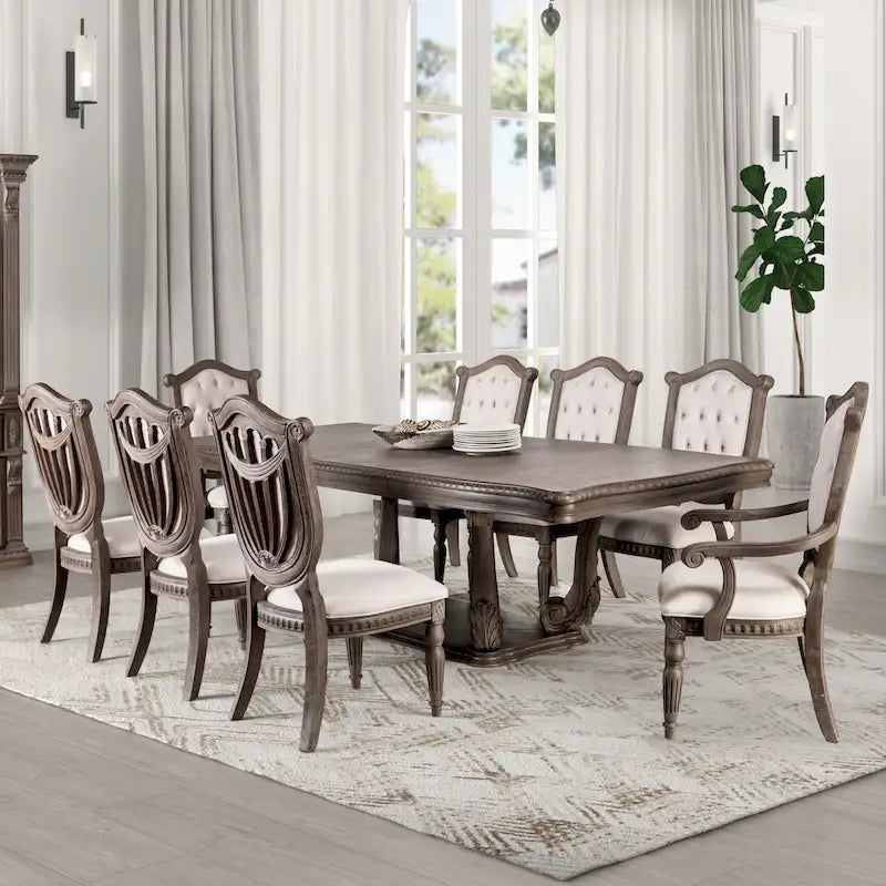 Ensemble de salle à manger extensible 9 pièces traditionnel en bois massif chêne vieilli Cassian de Furniture of America