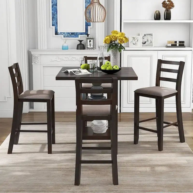 Ensemble de salle à manger 5 pièces en bois de hauteur comptoir avec chaises rembourrées et étagères de rangement
