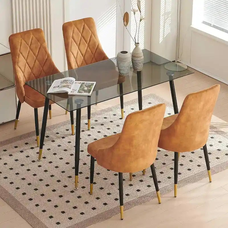 Ensemble de table en verre gris Howtai avec 4 chaises en velours pour cuisine ou salle à manger