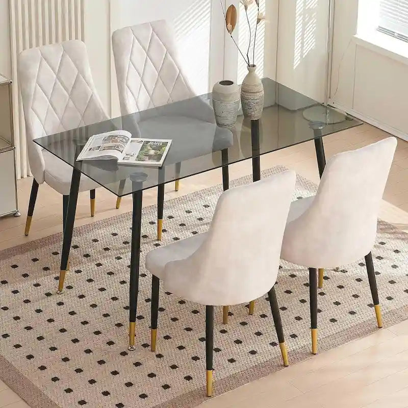 Ensemble de table en verre gris Howtai avec 4 chaises en velours pour cuisine ou salle à manger