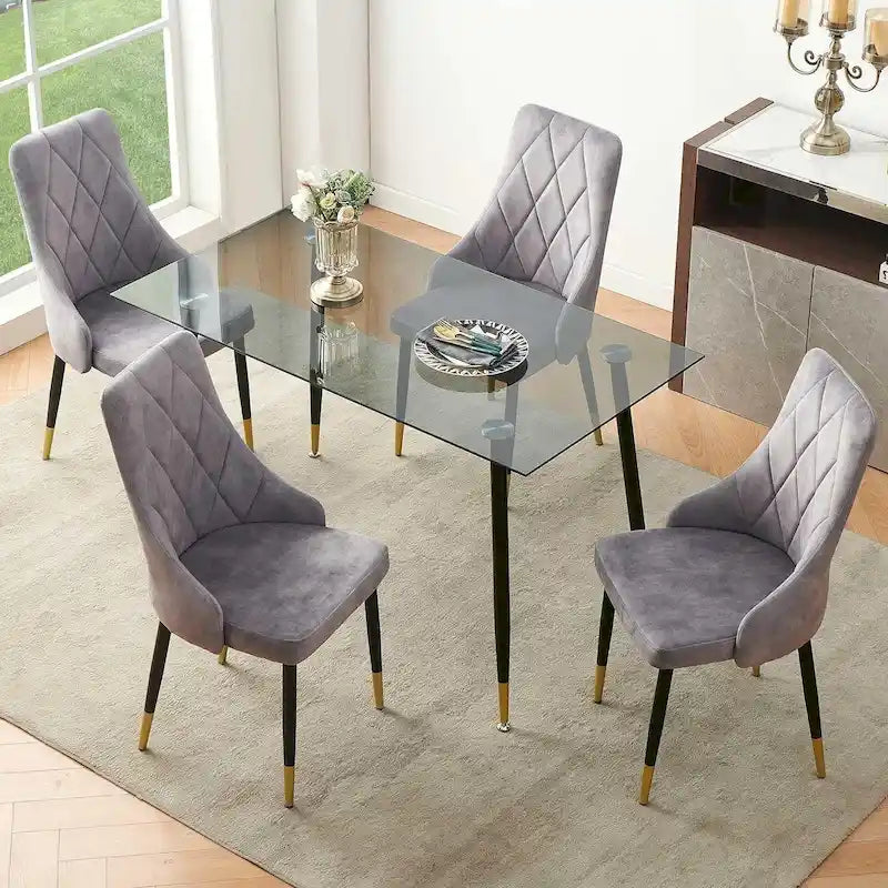 Ensemble de table en verre gris Howtai avec 4 chaises en velours pour cuisine ou salle à manger