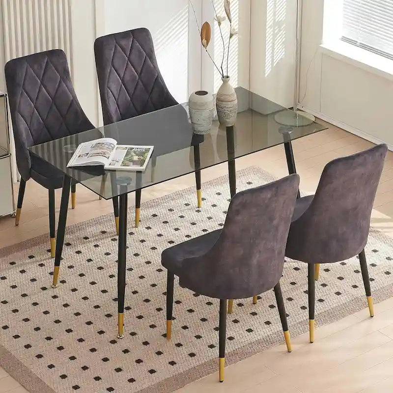 Ensemble de table en verre gris Howtai avec 4 chaises en velours pour cuisine ou salle à manger
