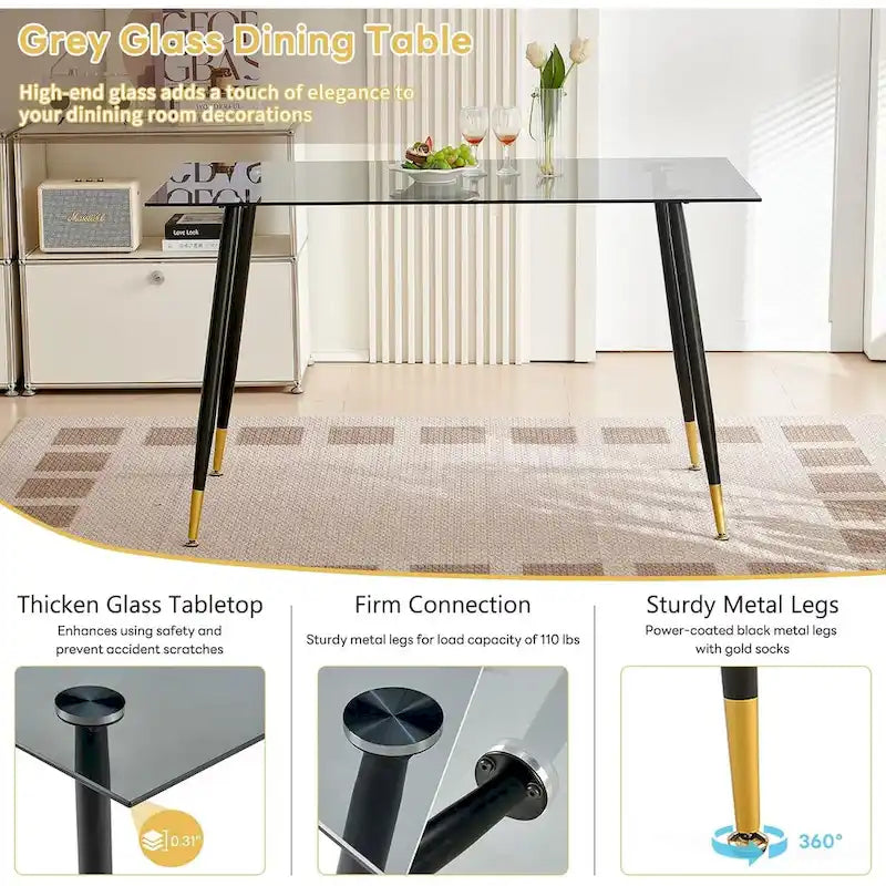 Ensemble de table en verre gris Howtai avec 4 chaises en velours pour cuisine ou salle à manger