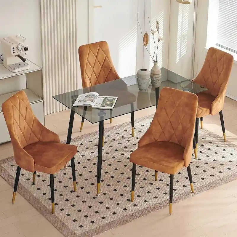 Ensemble de table en verre gris Howtai avec 4 chaises en velours pour cuisine ou salle à manger