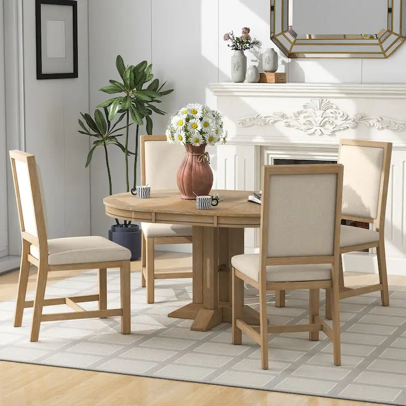 Ensemble de salle à manger 5 pièces, table ronde extensible et 4 chaises rembourrées, ensemble de salle à manger style ferme pour cuisine, salle à manger