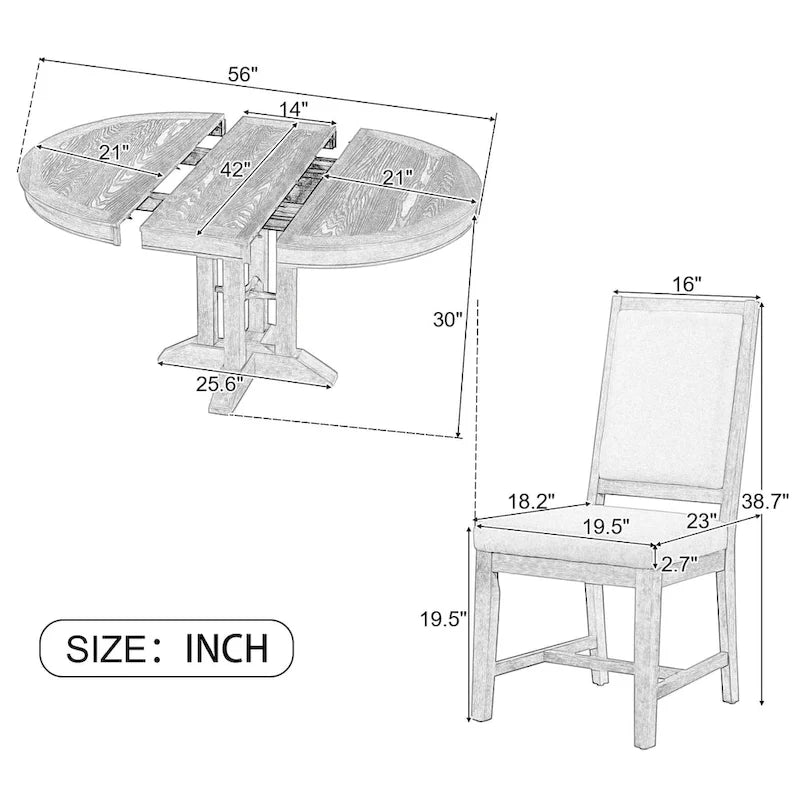 Ensemble de salle à manger 5 pièces, table ronde extensible et 4 chaises rembourrées, ensemble de salle à manger style ferme pour cuisine, salle à manger