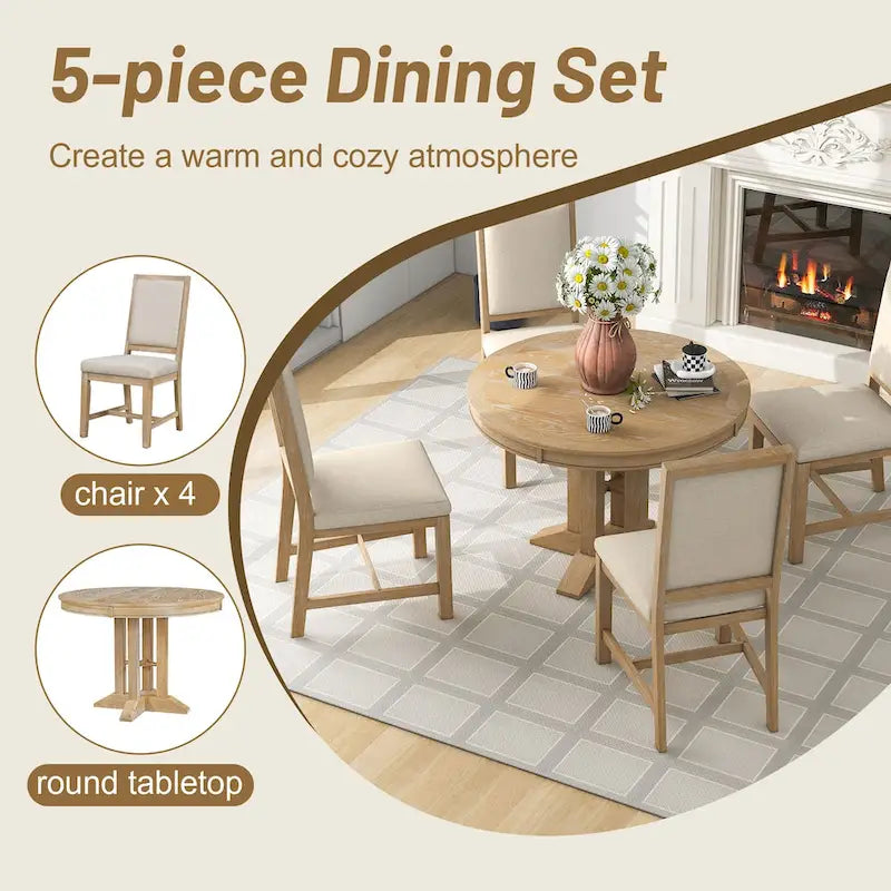 Ensemble de salle à manger 5 pièces, table ronde extensible et 4 chaises rembourrées, ensemble de salle à manger style ferme pour cuisine, salle à manger