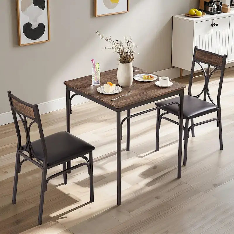 Javlergo 3-Piece Dining Table Set, Kitchen Wood Square Table and Chairs for 2, Rustic Brown