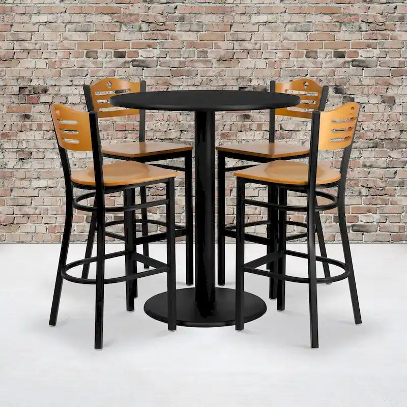 36 Round Laminate Table Set with 4 Metal Barstools - Natural Wood Seat