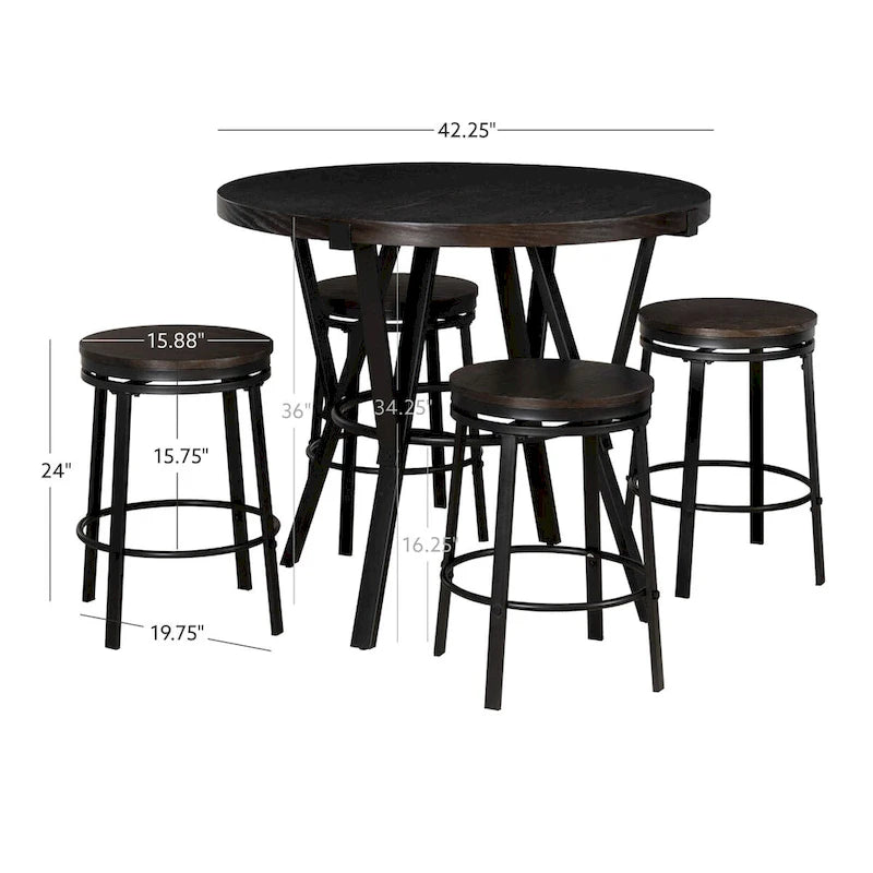 Ensemble de salle à manger 5 pièces Cassidy en bois charbon de bois, hauteur comptoir, avec 4 tabourets