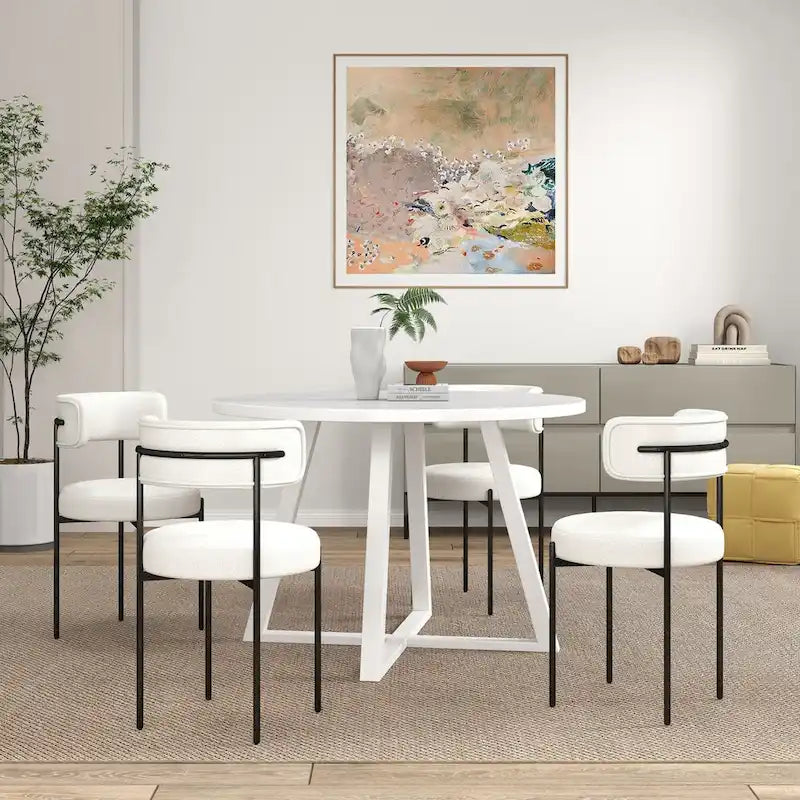 Ensemble de salle à manger rond 5 pièces, table de salle à manger à tréteaux avec 4 chaises en tissu bouclé