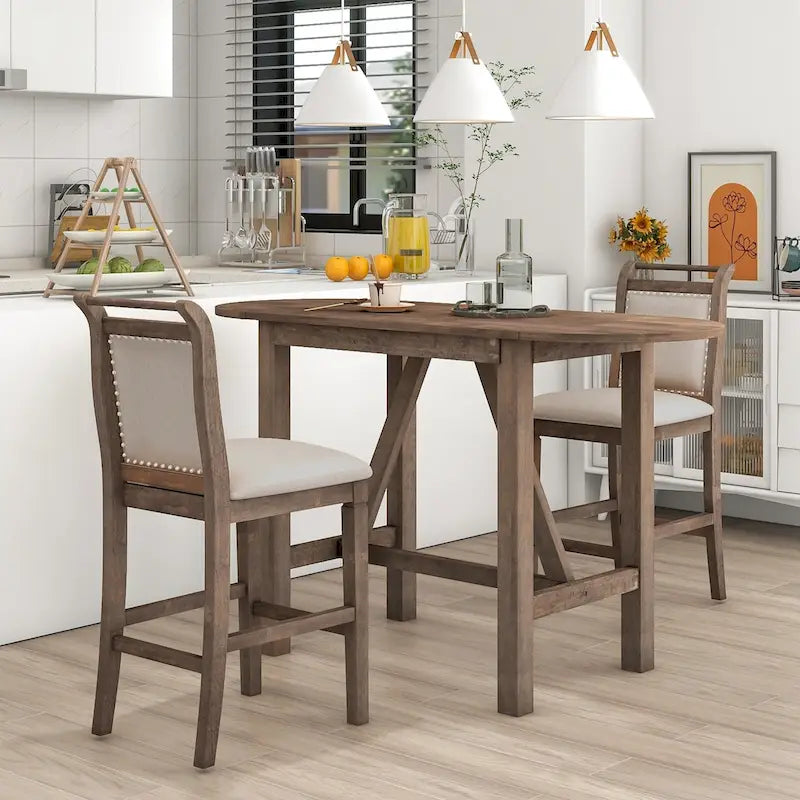 Ensemble de salle à manger 3 pièces en bois à hauteur de comptoir avec rallonge pliable