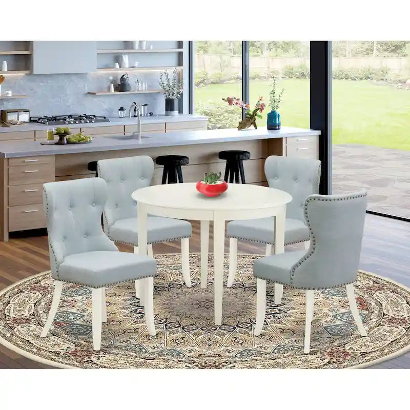 East West Furniture Dining Table Set- a Kitchen Table and Baby Blue Linen Fabric Parson Chairs, Linen White(Pieces Options)
