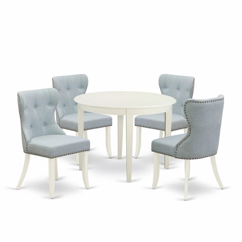 East West Furniture Ensemble de salle à manger - une table de cuisine et des chaises Parson en tissu de lin bleu layette, blanc cassé (options de pièces)