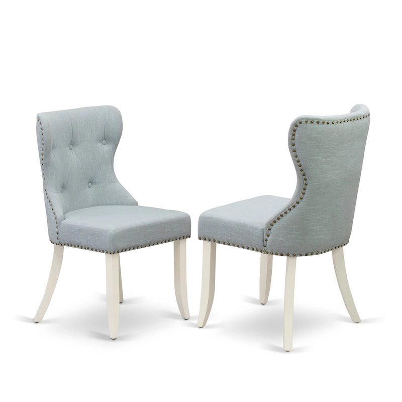 East West Furniture Ensemble de salle à manger - une table de cuisine et des chaises Parson en tissu de lin bleu layette, blanc cassé (options de pièces)