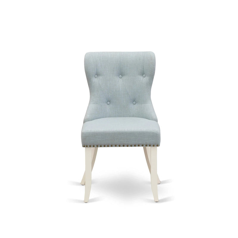 East West Furniture Ensemble de salle à manger - une table de cuisine et des chaises Parson en tissu de lin bleu layette, blanc cassé (options de pièces)