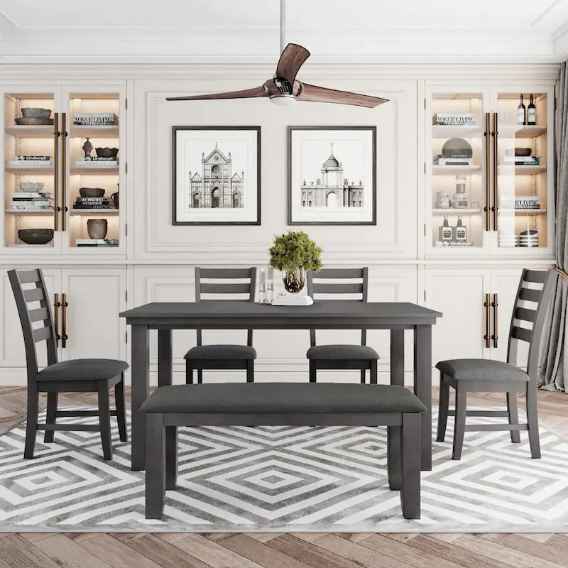 6 Piece Room Chairs with Bench, Rustic Wood Dining Set Table, Gray
