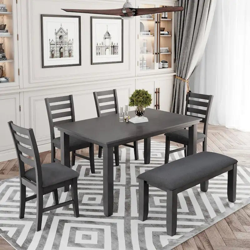 Ensemble de salle à manger 6 pièces avec banc, chaises et table en bois rustique, gris