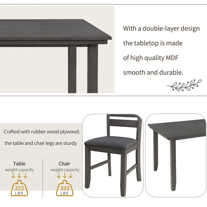 Ensemble de salle à manger 6 pièces avec banc, chaises et table en bois rustique, gris